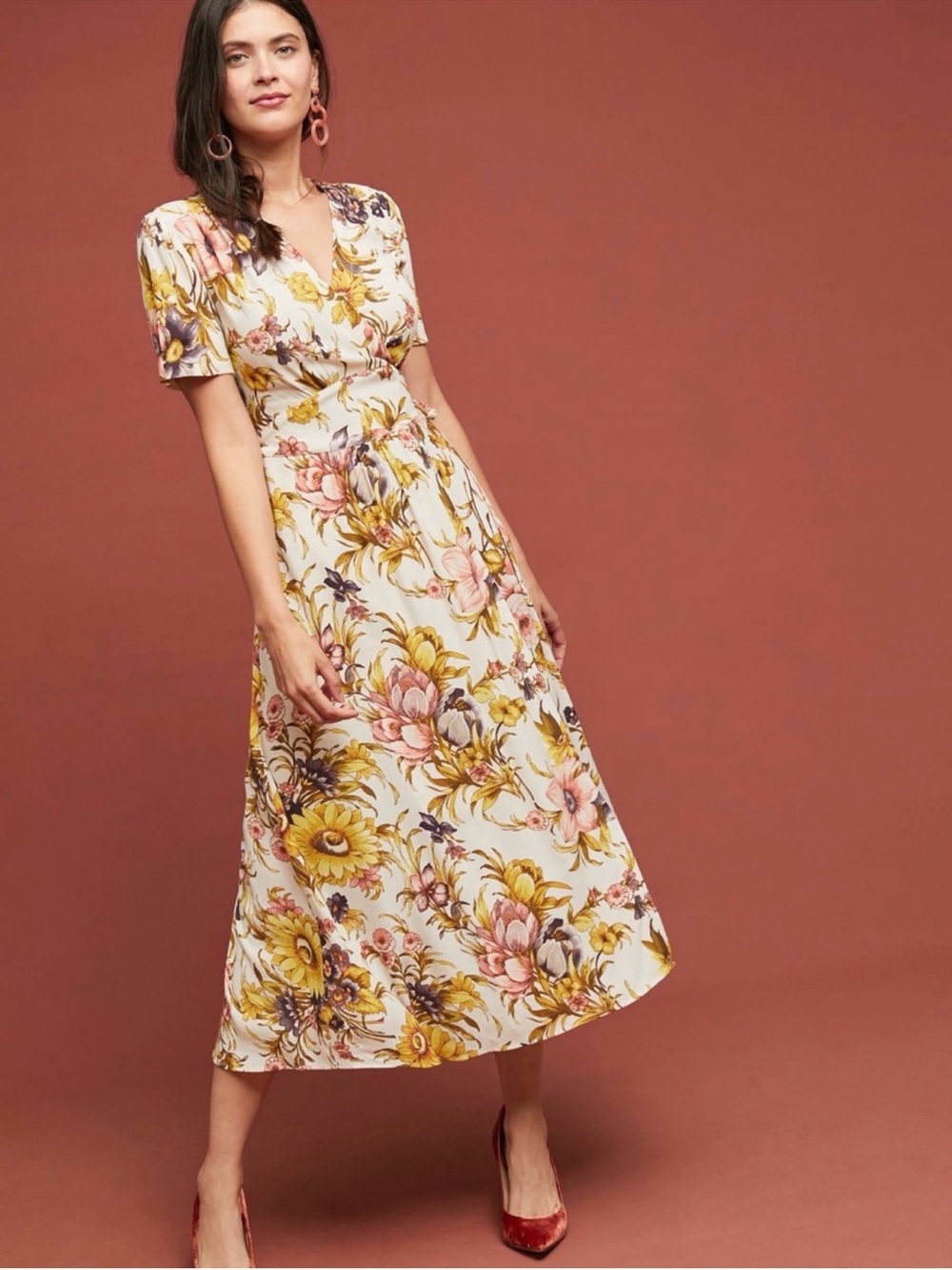 Anthropologie Cream Floral Midi Wrap Dress